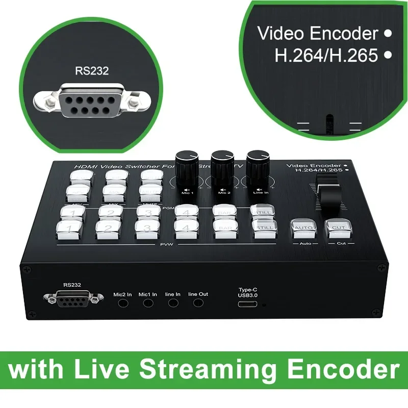 Conmutador mezclador de vídeo HDMI de 4 canales H.265 para transmisión en vivo multicámara con codificador de transmisión en vivo grabación de captura de vídeo RS232 - imagen 5