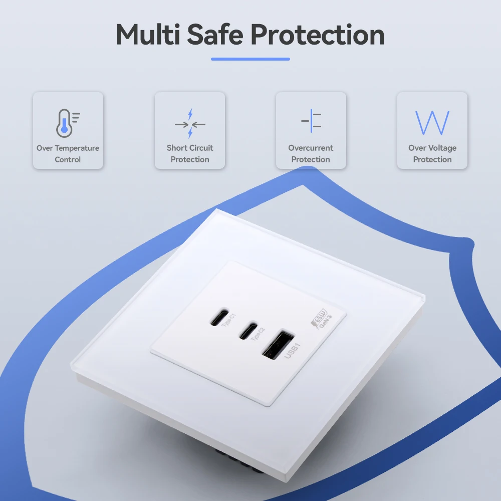 Toma de corriente BSEED, tomas de corriente más puertos de carga rápida USB tipo c duales, marco de vidrio de 65W 3A, pared estándar de la UE integrada - imagen 3