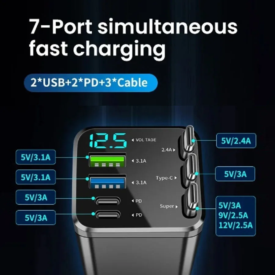 Cargador de coche de 150W PD30W, adaptador de encendedor de cigarrillos de coche, pantalla de voltaje con Cable retráctil, cargador rápido de 22,5 W para IOS y Android - imagen 2