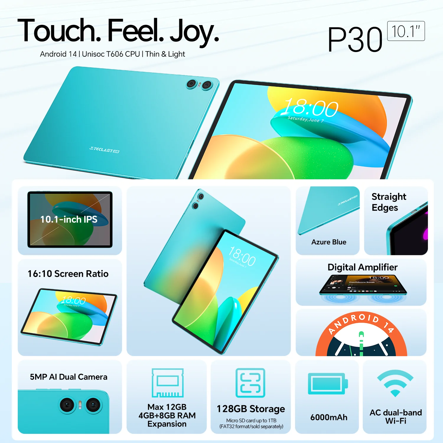 Teclast P30 Android 14 Tablet with 10.1" IPS Display, Max 12GB RAM, 128GB ROM, UNISOC T606 Octa-Core, Type-C, 3.5mm Jack, Widevine L1 - imagen 2