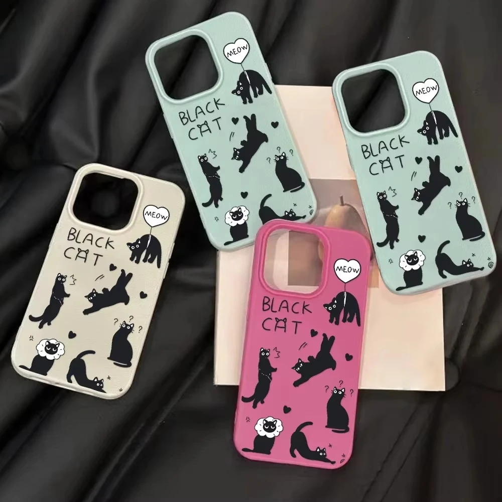 Bonita funda de teléfono de gato negro para iPhone 16 15 Plus, funda para iPhone 17 16 15 11 12 14 Pro Max, funda mate suave de cuero con patrón de lichi