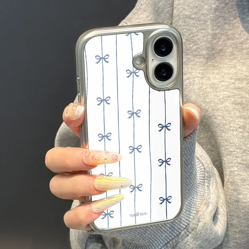 Funda de teléfono anticaída de TPU epoxi con borde plateado y lazo azul ins para iPhone XR/11/12/13/14/15/16/17 Pro Max - imagen 2