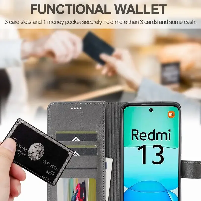 Funda de cuero magnética con ranura para tarjeta para Xiaomi Redmi 13 4G, carcasa con tapa para teléfono, Funda con soporte - imagen 4