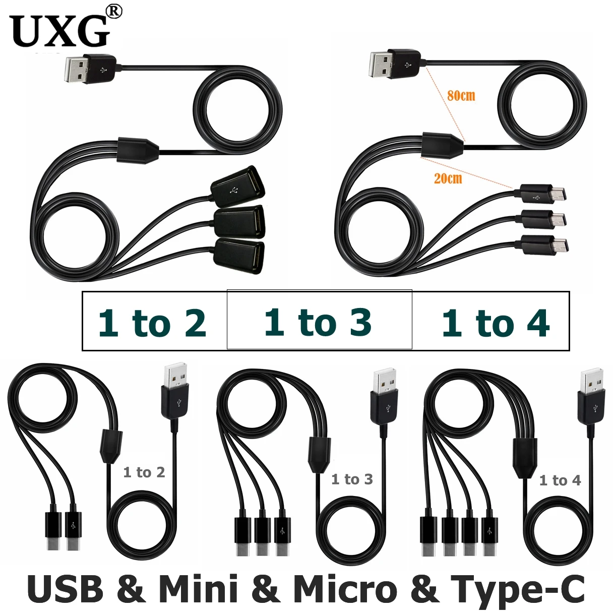 Tipo-C 1 a 4 puertos tipo C USB C a Mini Micro 5pin USB Y divisor Cable de fecha de carga rápida múltiple para teléfono inteligente tableta