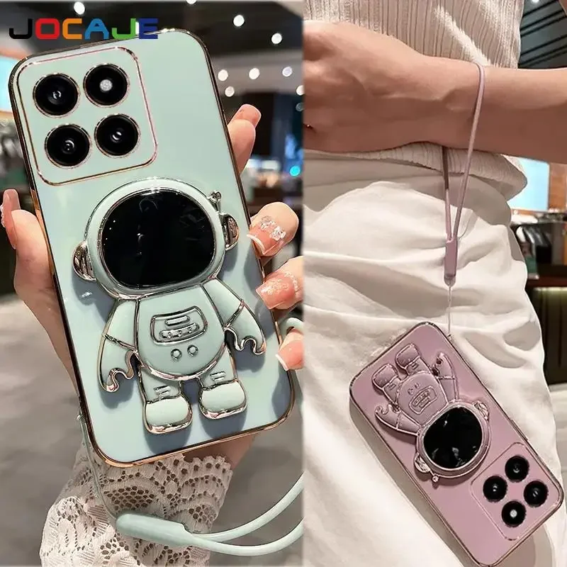 Funda de silicona a prueba de golpes para Xiaomi 14T Pro 13T 12T 11T Pro 14 T, funda con cordón y soporte de astronauta de dibujos animados galvanizado