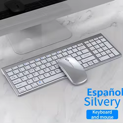Jomaa Juego de teclado y ratón español plateado Bluetooth + teclado inalámbrico 2,4G y peine para ratón para ordenador portátil Slient Click