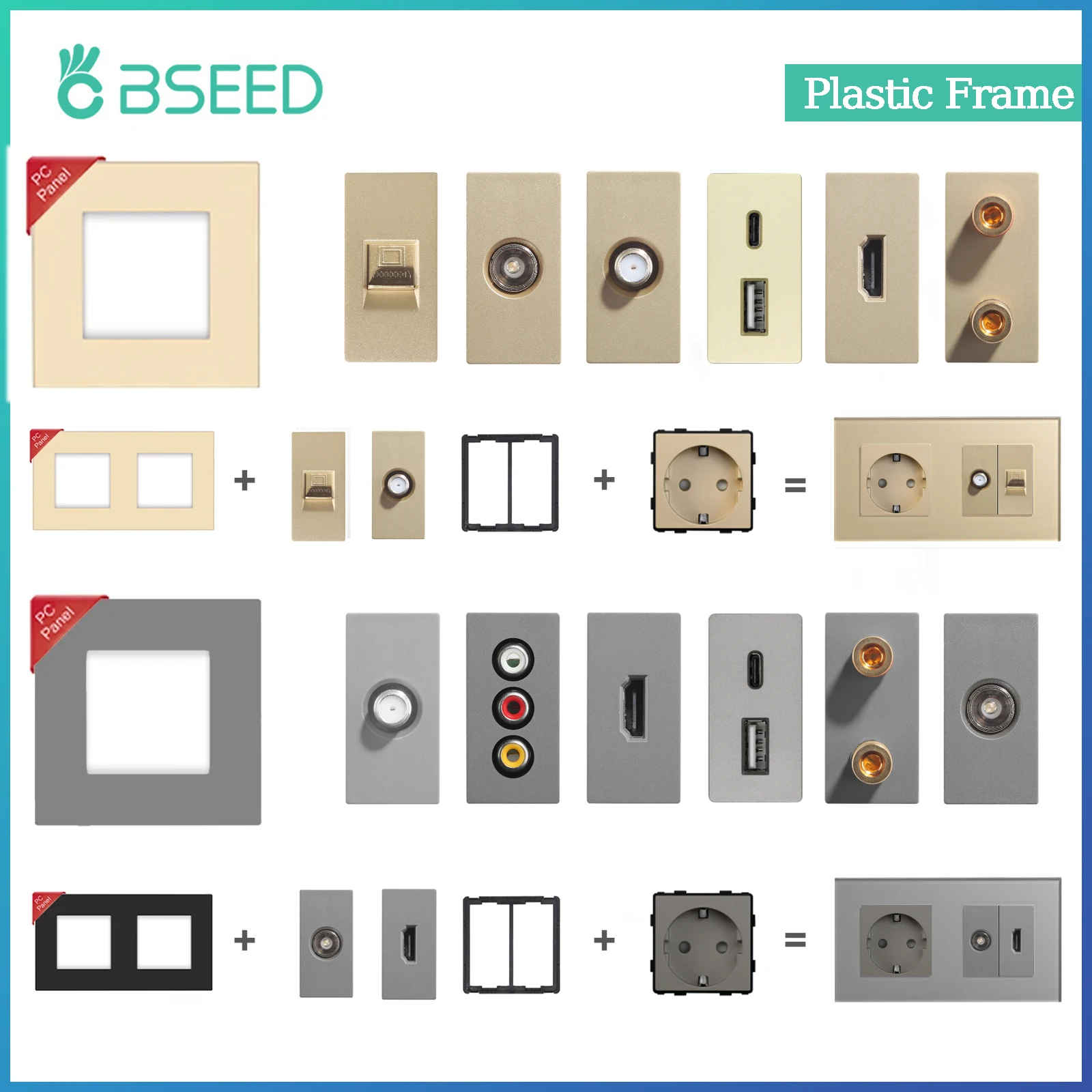 BSEED-enchufe de pared para Internet Cat6, piezas de marco de plástico, puerto de carga USB tipo C, interfaz HDMI de TV, pieza de función DIY, combinación gratuita - imagen 2