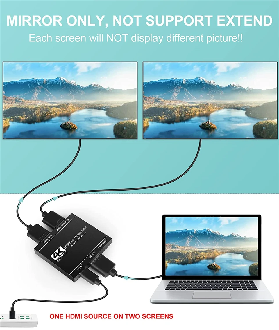 Navceker 4K HDMI Splitter 1x2 HDMI 2.0 Splitter 1 en 2 salidas HDMI Extractor de Audio HDR HDMI2.0 Divisor para PS4 Apple TV XBox PS5 - imagen 3