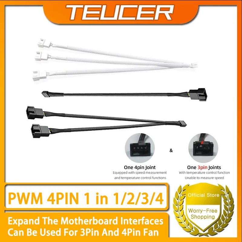 Cable de expansión de ventilador TEUCER PWM, distribuidor de interfaz de placa base de ordenador, divisor de 1 a 1/2/3/4, adecuado para 3 pines y 4 pines