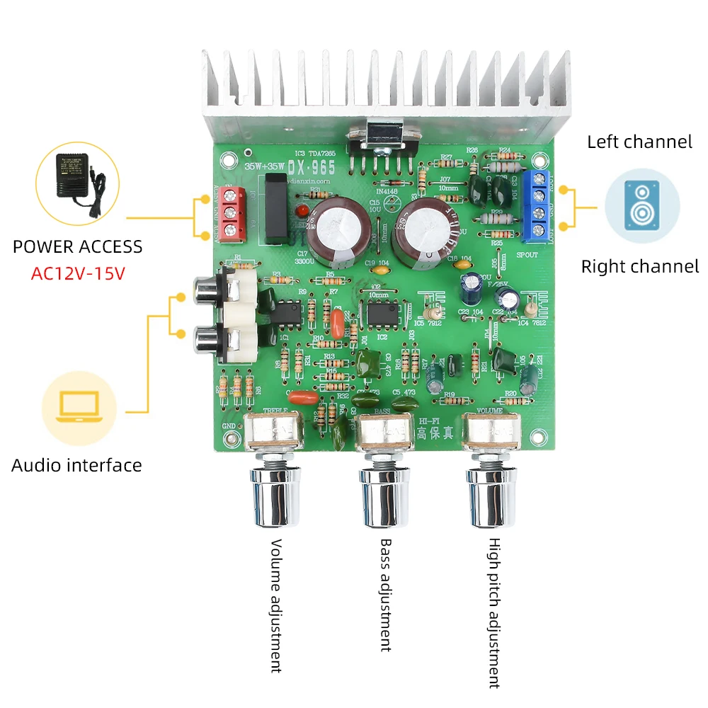 Módulo amplificador de Audio TDA7265, placa amplificadora de potencia HiFi 4558, preamplificador de 2,0 canales, placa amplificadora de potencia AC 12-15V 40W + 40W - imagen 3