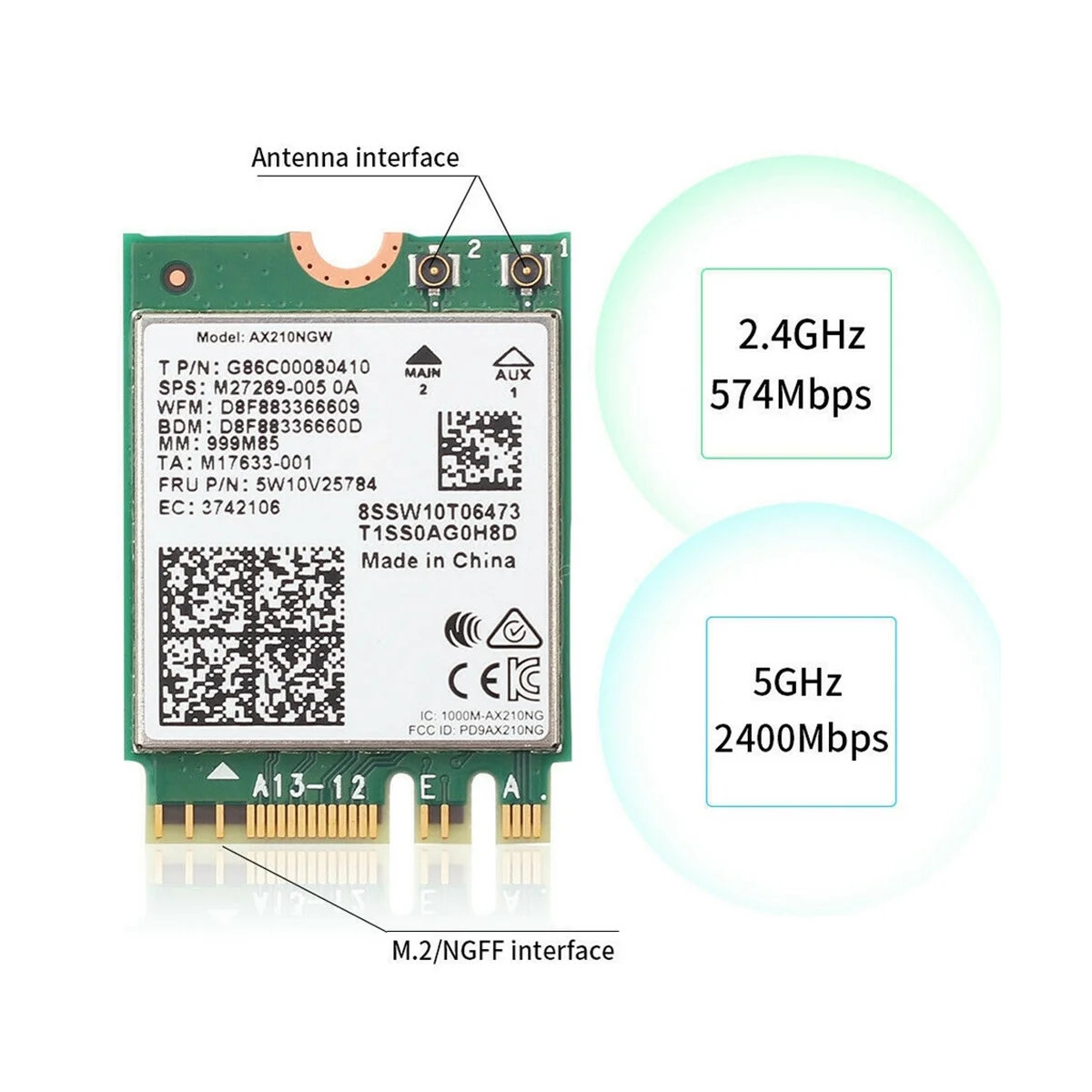 Tarjeta de red AX210 AX210NGW, adaptador WiFi M.2 NGFF 2,4 Ghz/5G, 6E, 2400Mbps, 802.11Ax, Bluetooth 5,2 - imagen 5