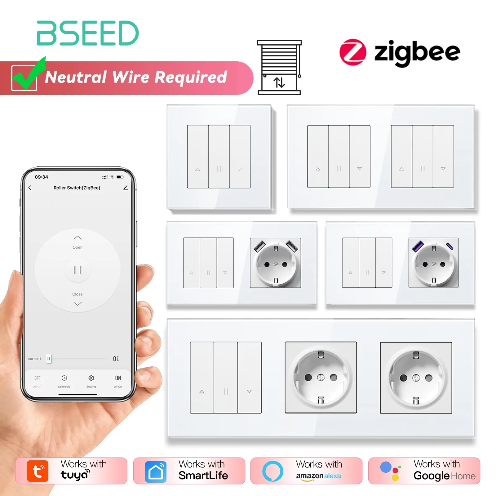 BSEED Zigbee interruptores de persianas inteligentes Tuya Alexa Control de voz más interruptor de luz enchufes de pared normales USB tipo c estándar de la UE