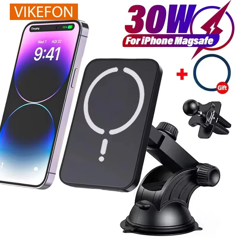 Cargador inalámbrico magnético para coche con ventosa de 30W para Magsafe iPhone 12 13 14 15 16 Pro Max soporte para teléfono con ventilación de aire carga rápida para coche
