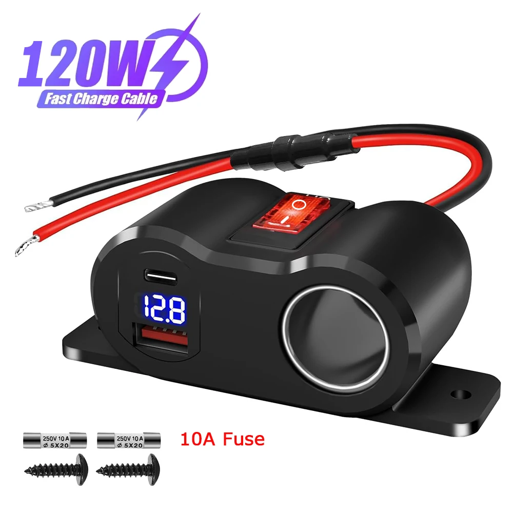 Cargador de coche 36W PD3.0 + 18W QC3.0 con interruptor de alimentación, salida USB de 12V, enchufe de encendedor de cigarrillos para coche, RV, motocicleta marina, camión, ATV