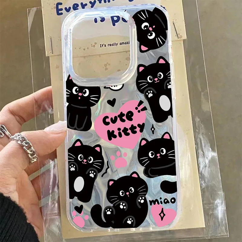 Funda de gato negro para iPhone 7 8 Plus XR XS Max SE 2020 dulce linda moda para chicas amor corazón colorido flor PC fundas de teléfono - imagen 4