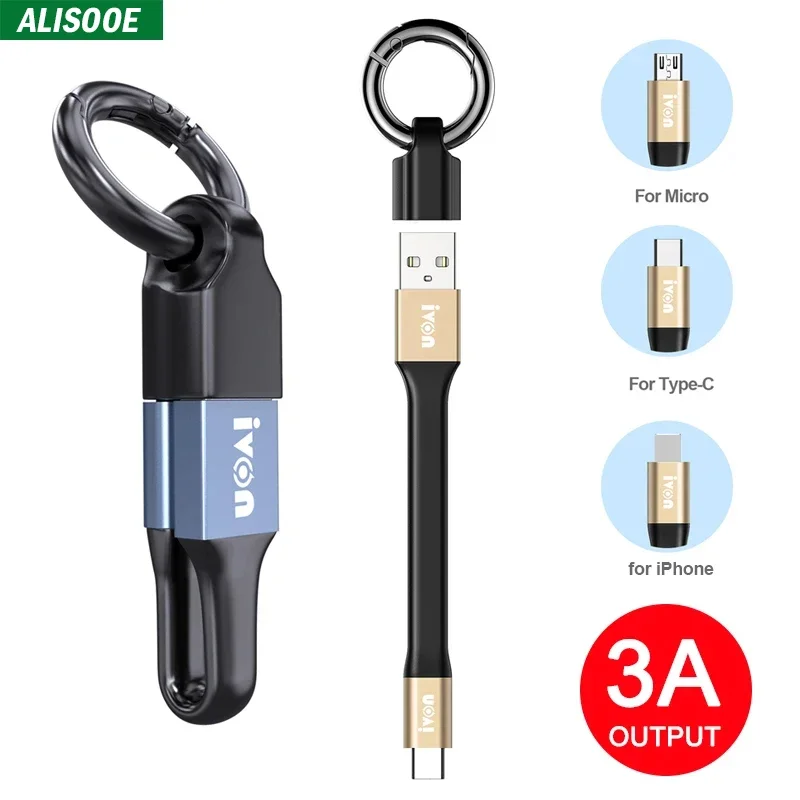 Mini llavero corto portátil 2 en 1, Cable de datos USB móvil para iPhone Xiaomi Oneplus 3A, Cable Micro USB tipo C de carga rápida - imagen 3