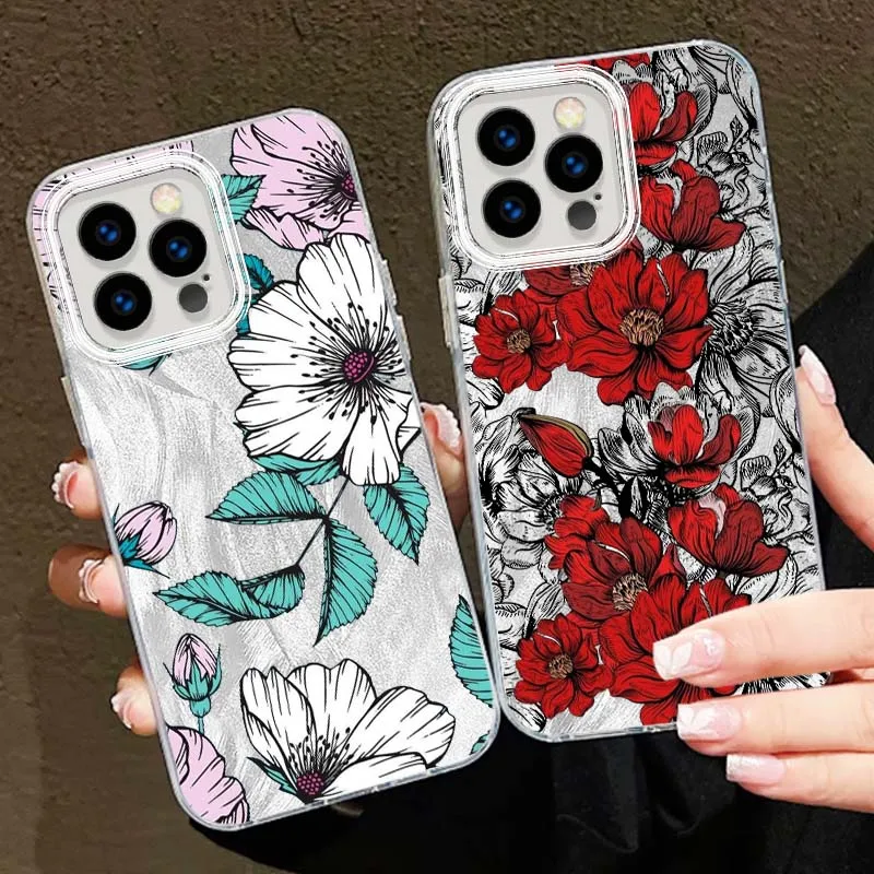Arte Rosa flores para Apple iPhone 16 16E 15 14 13 12 11 8 XS X Pro Max textura de plumas funda de teléfono