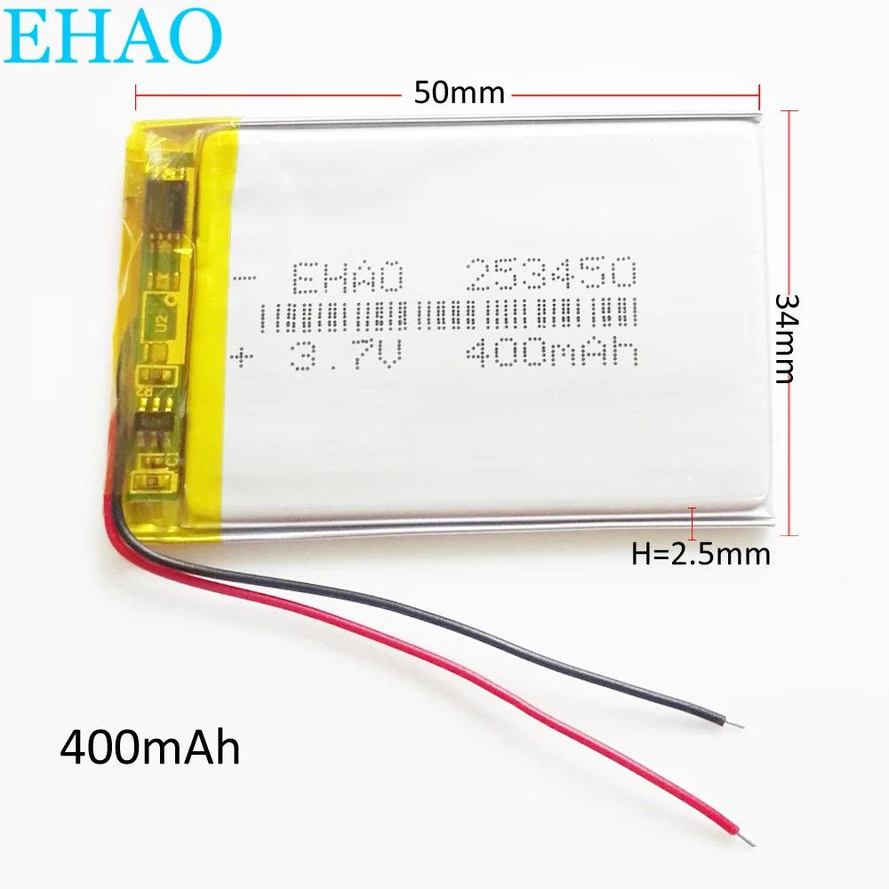 EHAO 253450   Células de batería recargables LiPo de polímero de litio ultrafinas de 3,7 V 400mAh para altavoz de reloj inteligente Mp3 GPS