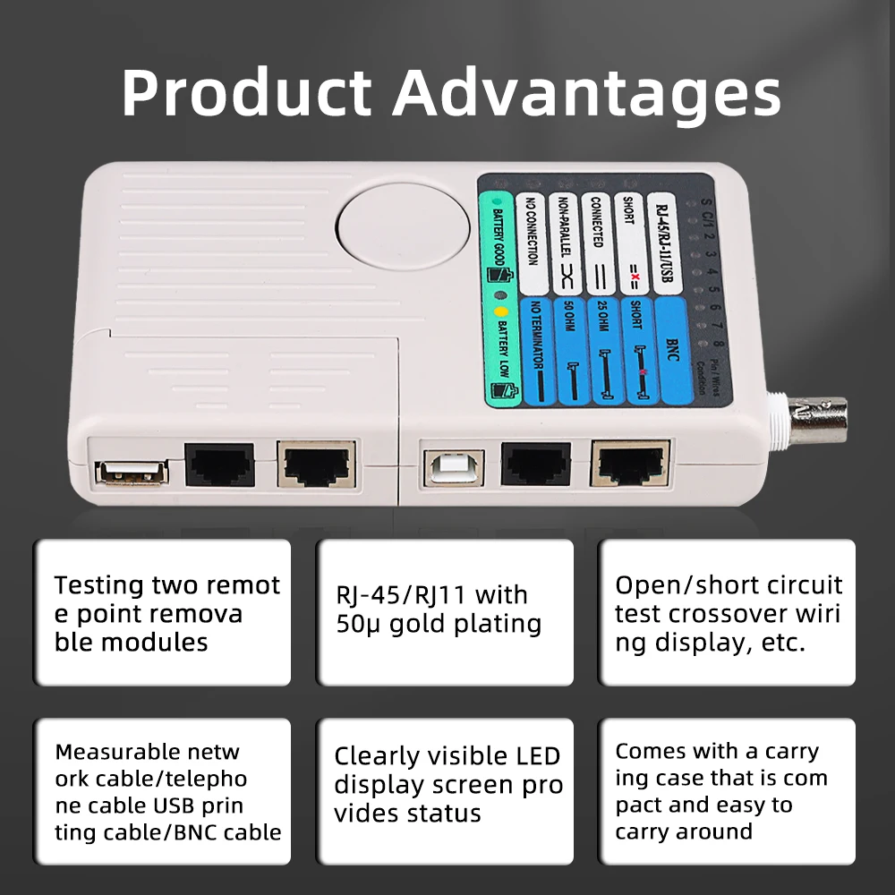 Probador de cables de red multifunción profesional 4 en 1 RJ45/RJ11/USB/BNC LAN Cable Cat5 Cat6 - imagen 3