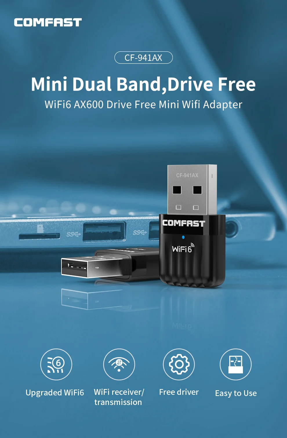Adaptador COMFAST AX600 WiFi6 2,4G y 5G 572Mbps tarjeta de red 802.11ax controlador USB WiFi6 Dongle gratis para PC/portátil Win 10/11 - imagen 2