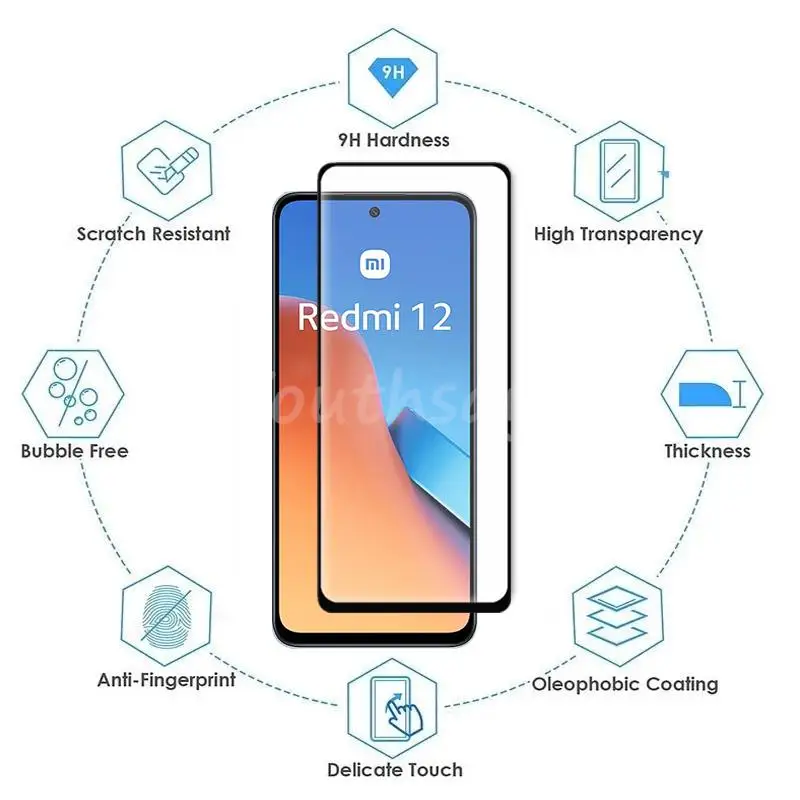 Protector de pantalla de vidrio templado para Xiaomi Redmi 12, película de cámara con pegamento completo, 12, 12C, 10, 10C, 10A - imagen 4