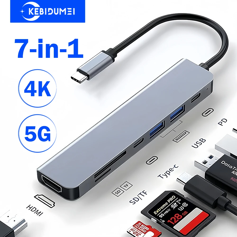 Estación de acoplamiento USB C HUB 7 en 1, adaptador HDMI tipo C a 4K 30Hz, divisor USB C de alta velocidad de 5Gbps para Samsung, portátil y Macbook - imagen 2