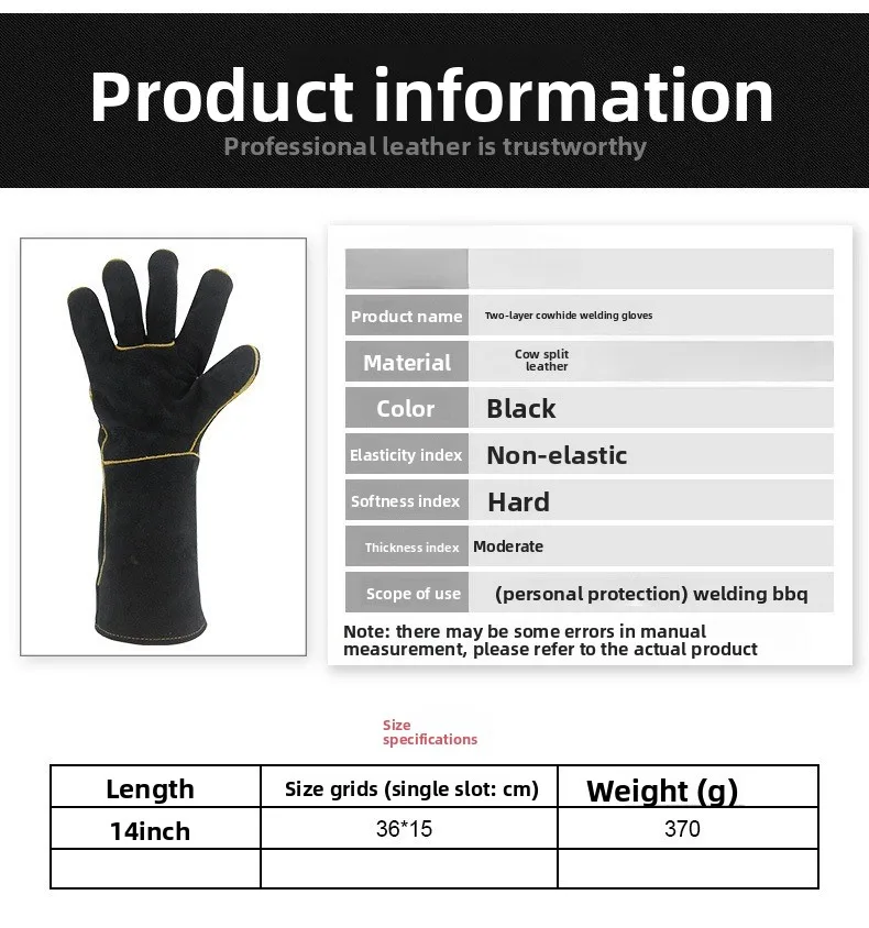Guantes de trabajo de soldadura negros para jardinería/estufa de leña/antimordida/resistente/chimenea/barbacoa dividido de vaca resistente al calor - imagen 5