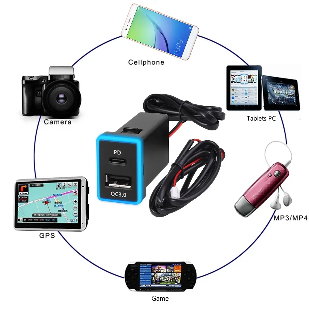 Cargador de coche USB C tipo C PD QC3.0, enchufe de cargador rápido USB Dual, adaptador de corriente de carga de teléfono de 12V para Toyota - imagen 5