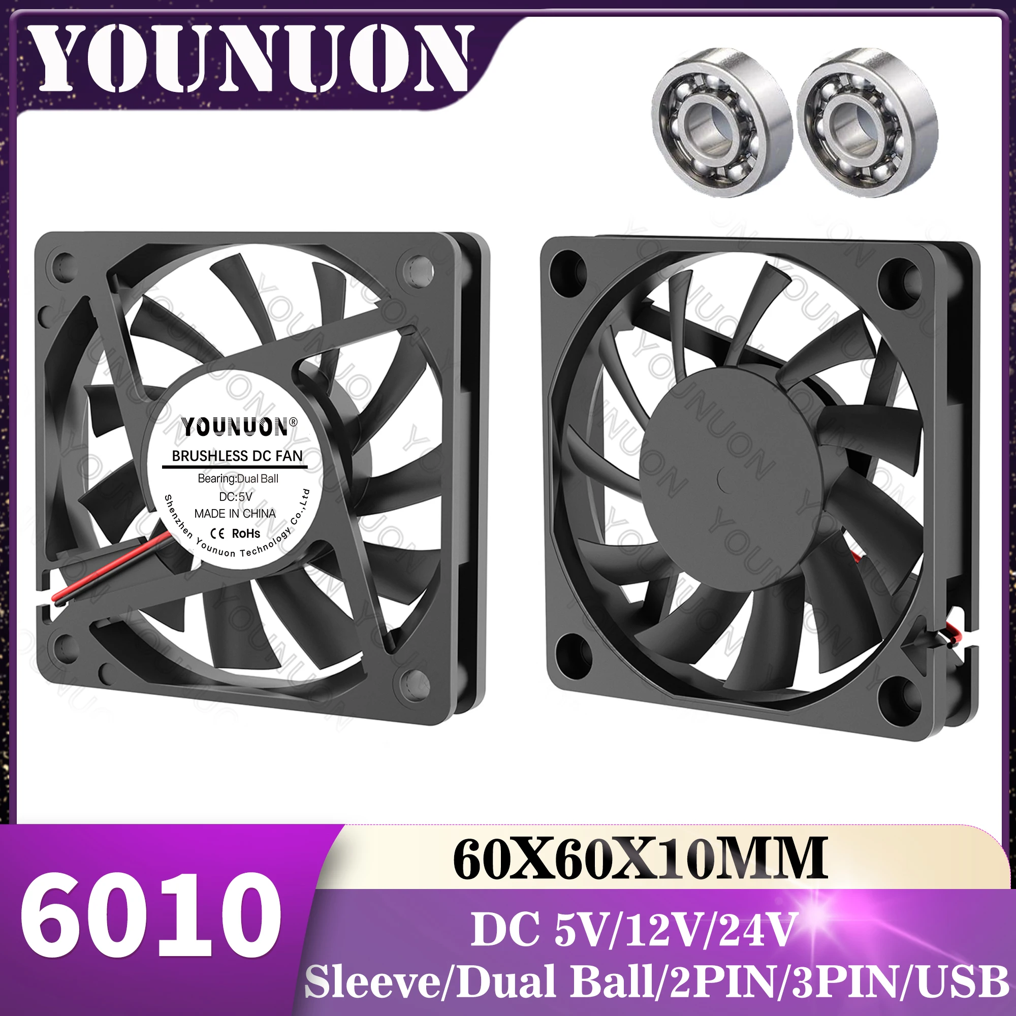 YOUNUON 60mm 5V 12V 24V USB sin escobillas 2PIN 3PIN DC ventilador enfriador 60x60x10mm 6010 6cm para ordenador PC CPU refrigeración de caja