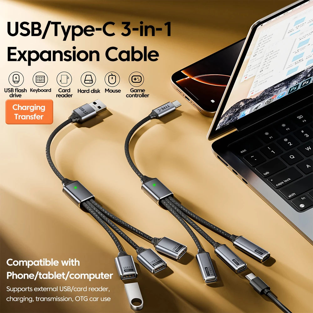 Cable de expansión USB/Tipo C 3 en 1, Cable convertidor de transferencia de carga rápida, Cable adaptador OTG Universal para iphone 15 16 Samsung