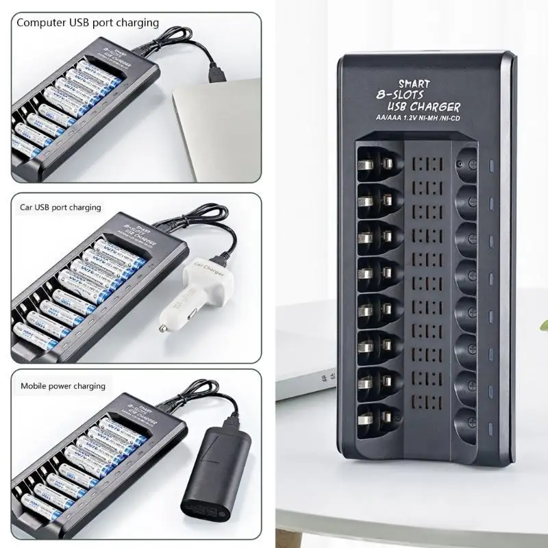 Cargador batería USB R53C para 1.2V Doble/Triple A Batería 8 Slots carga ranuras avanzadas para cargar seguro - imagen 3