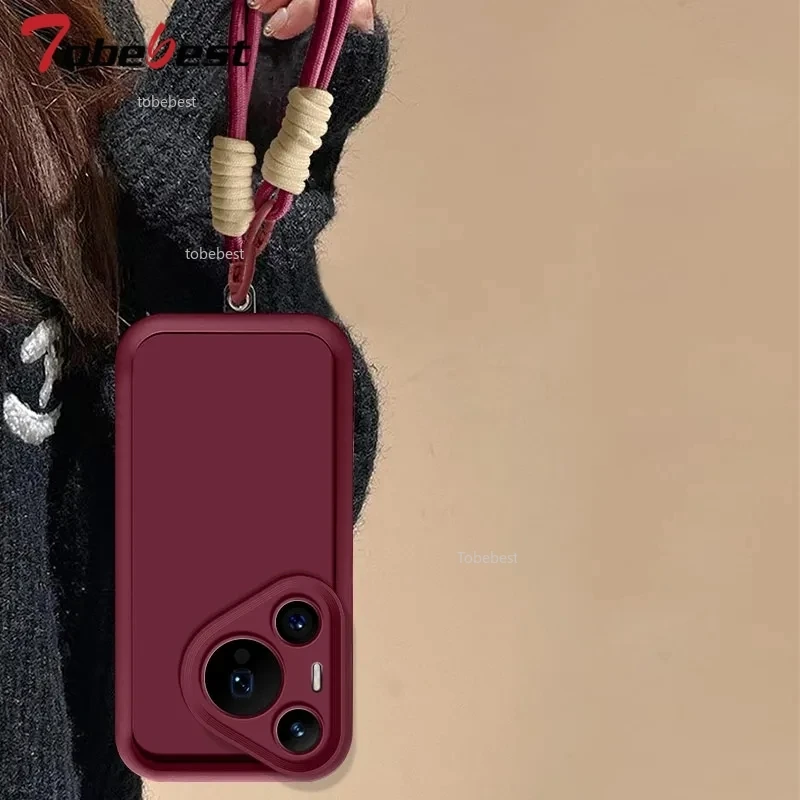 Funda de silicona con correa para muñeca y cordón para Huawei Pura 70 P60 P50 P40 Lite P30 P20 Pro Ultra Fundas, funda trasera suave de color sólido - imagen 5