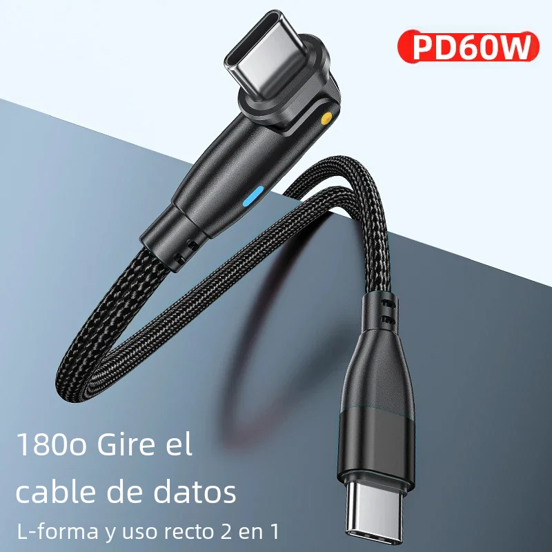 Cable USB C a USB tipo C de 60W, Cable de carga rápida USB C PD, USB-C 3A, Cable giratorio de 180 grados para cargador Samsung Xiaomi Poco - imagen 2