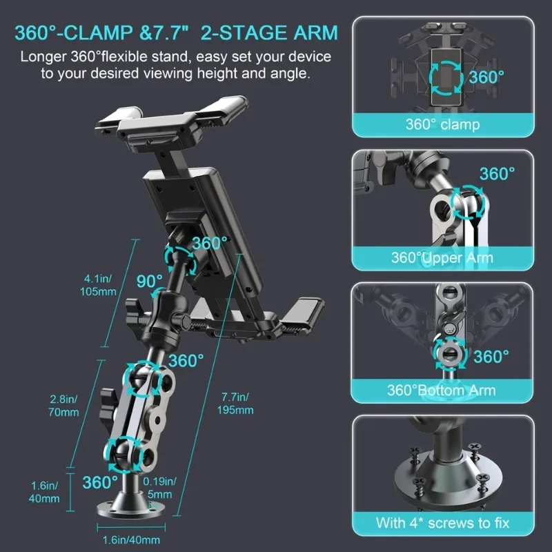 Soporte de aluminio para teléfono de coche, soporte para tableta, Base de taladro resistente, soporte para salpicadero de coche 360 °   Soporte ajustable de 2 etapas para iPad de 4,7-13" - imagen 5