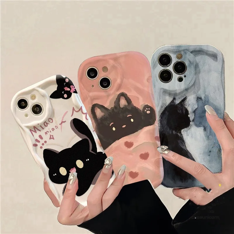 Bonita funda de teléfono de gato negro para Iphone 13 11 12 13 14 Pro Max 11 15 Pro Max 14 Plus 13 12 Mini cubierta 3D borde curvo ondulado TPU suave