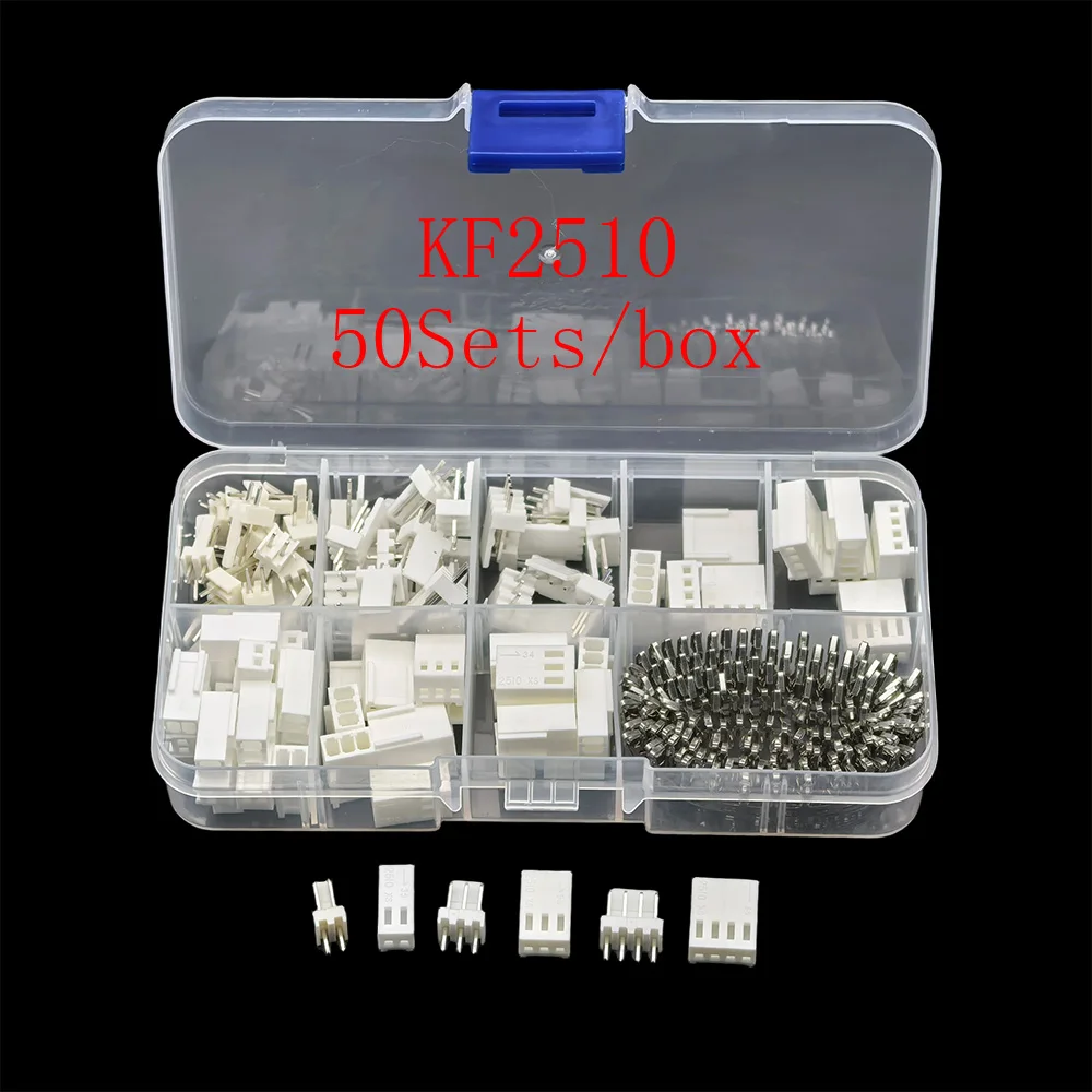 50 Juegos/caja KF2510 Conector de 2.54mm de Paso, 2p 3p 4 Pines, Recto / Ángulo Recto, Macho y Hembra, Carcasa de Plástico y Terminales de Crimpado