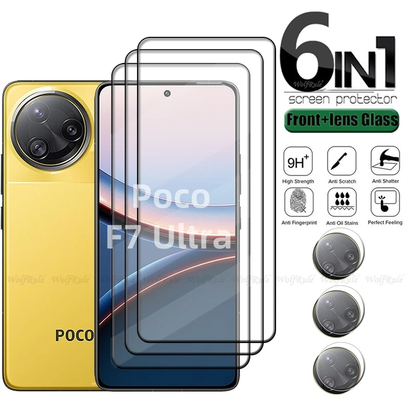 6 en 1 para Poco F7 Ultra vidrio Xiaomi Poco F7 vidrio Ultra templado pegamento de cubierta completa 9H Protector de pantalla Poco F7 Ultra lente de vidrio