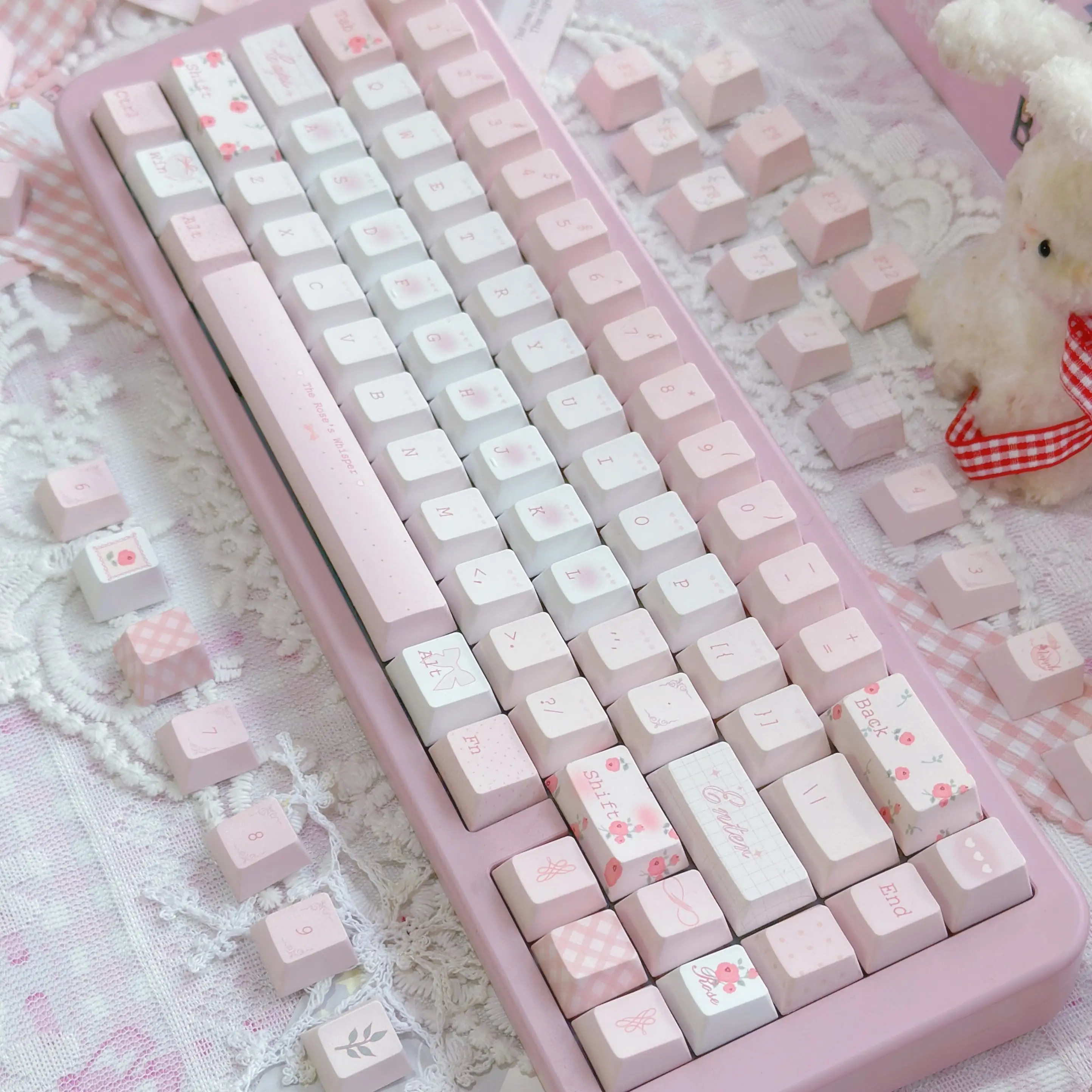 Rose Whisper-teclas rosas de sublimación de cinco caras Cherry Pbt, bonita personalidad adaptada a teclas de teclado mecánico Aula F75/F99 - imagen 4