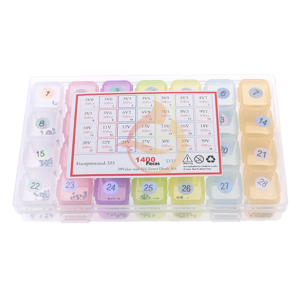1400 Uds 28 valores SOD-323 SMD kit de diodo Zener 2,0 V 3V 3,9 V 4,3 V 4,7 V 5,1 V 6,8 V 7,5 V 8,2 V 10V 12V 15V 18V 20V 22V 24V 30V 33V 39V - imagen 5