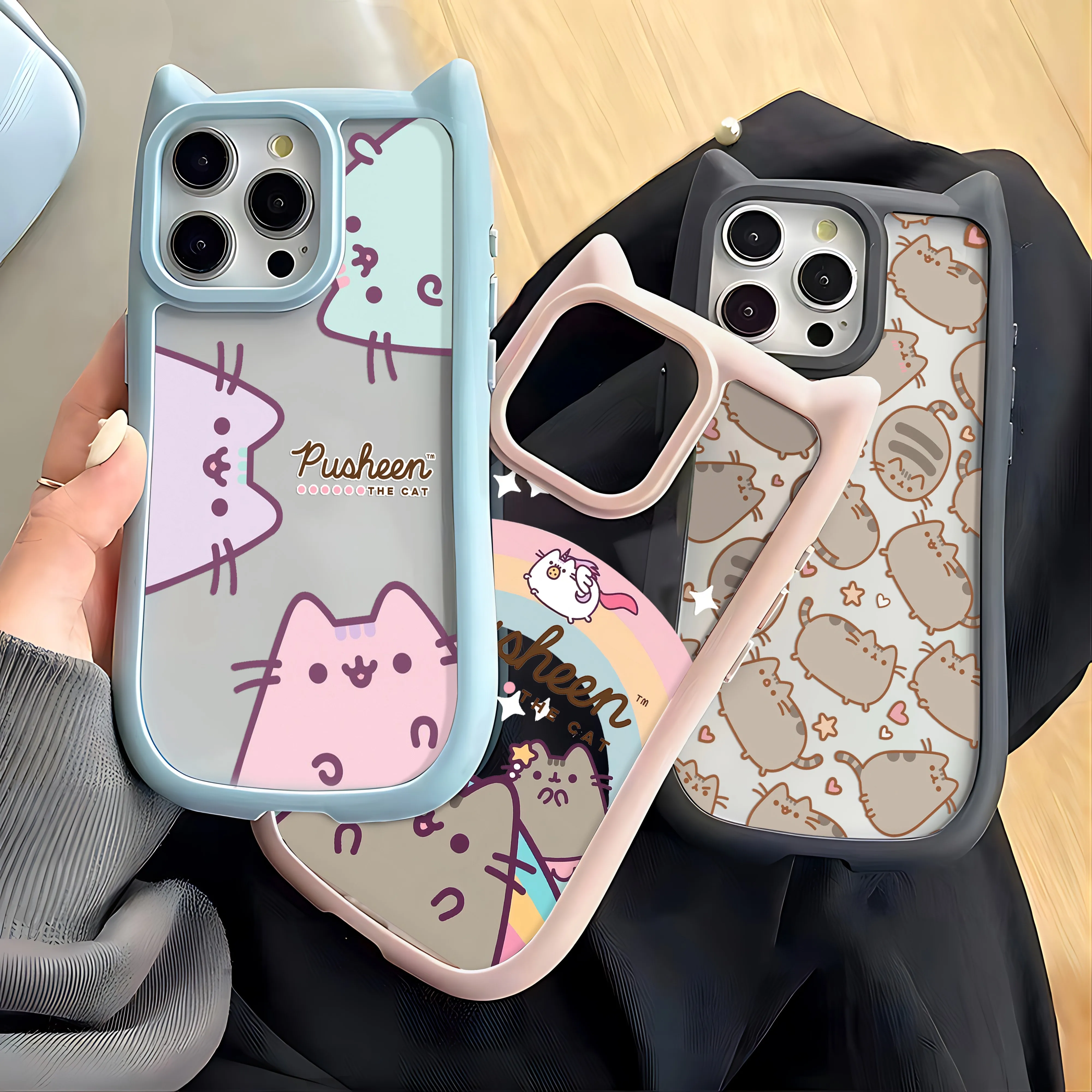 Funda de teléfono P-Pusheens con diseño de gato de dibujos animados para iPhone 16 15 14 13 12 11 Pro Max, parachoques de silicona suave acrílico duro transparente - imagen 2