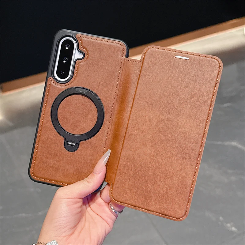 Funda con tapa tipo billetera de cuero PU para Samsung Galaxy A56 A36 A26 A16 A55 A35 A15 A17, funda con soporte de anillo giratorio Magsafe 360 magnético - imagen 5