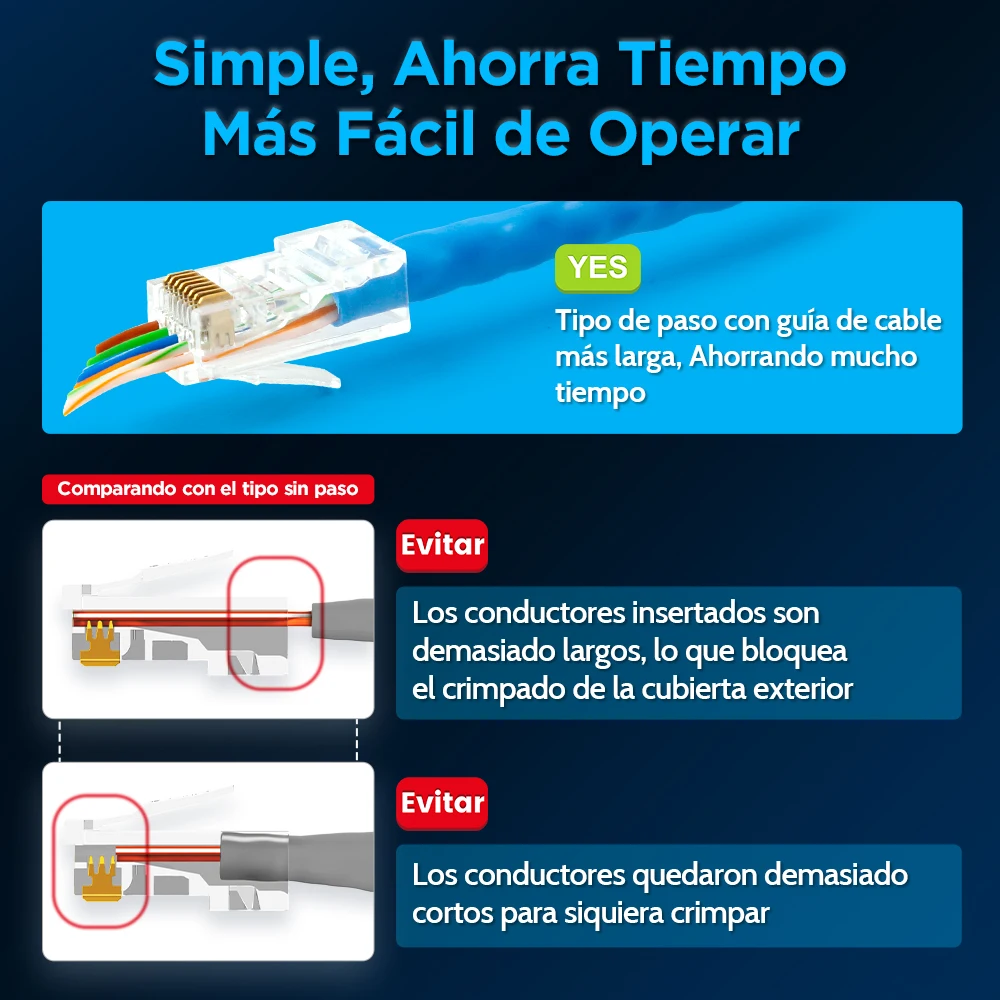 Conector Modular AMPCOM RJ45 Pass-Thru CAT6 para Cable 23-26 AWG UTP chapado en oro 8P8C extremo de engarzado para Cable Ethernet 100 Uds - imagen 5
