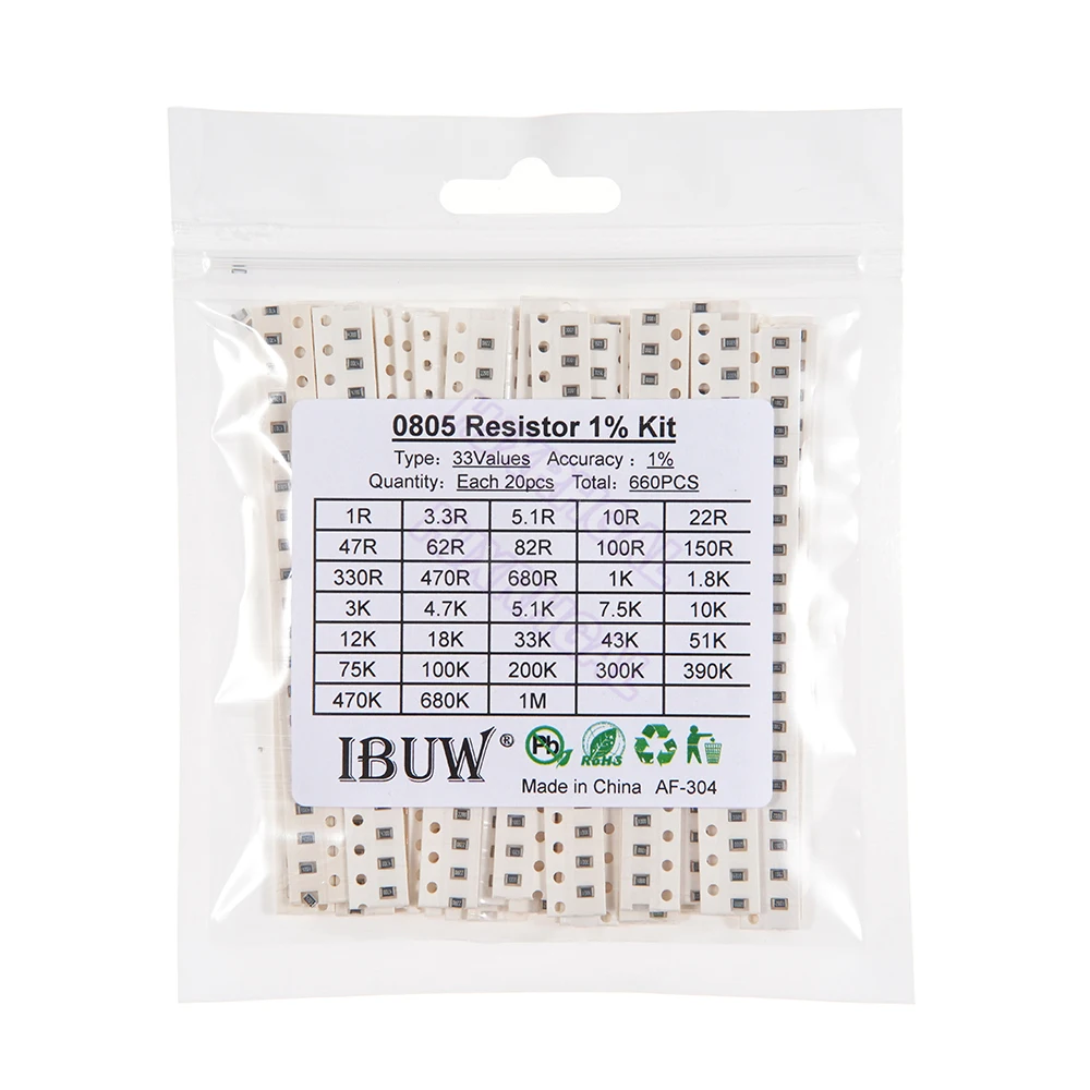 33valuesx-kit de muestra 660 SMD, Kit de resistencias, surtido 1ohm-1M ohm 0805, 20 Uds. = 1% Uds.