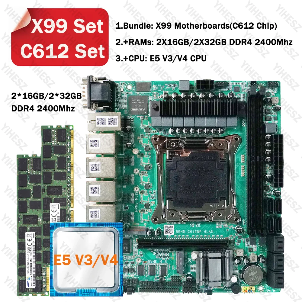 C612 Nas placa base DIY Kit procesador LGA2011-3 E5 V3/V4 CPU 2*16GB/2*32GB DDR4 ECC RAM soporte 6x2,5 Gb Lan 2xM.2 NVME X99 Set
