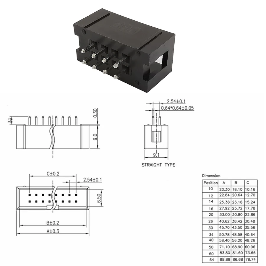 10 Uds DC3 2,54mm paso 6/8/10/14/16/20/26/30/34/40/50Pin enchufe macho recto IDC encabezados de caja conector PCB doble fila Pinheader - imagen 5