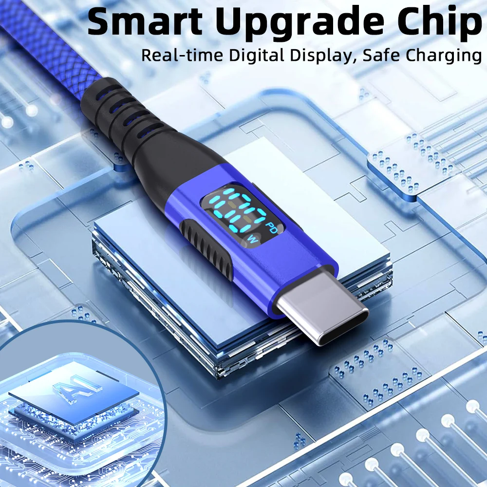 Cable de carga rápida PD trenzado de nailon, 60W, 100W, tipo C a USB C, con pantalla LED, para teléfono, Huawei, Xiaomi, Samsung, 1M, 2M, 3M - imagen 2