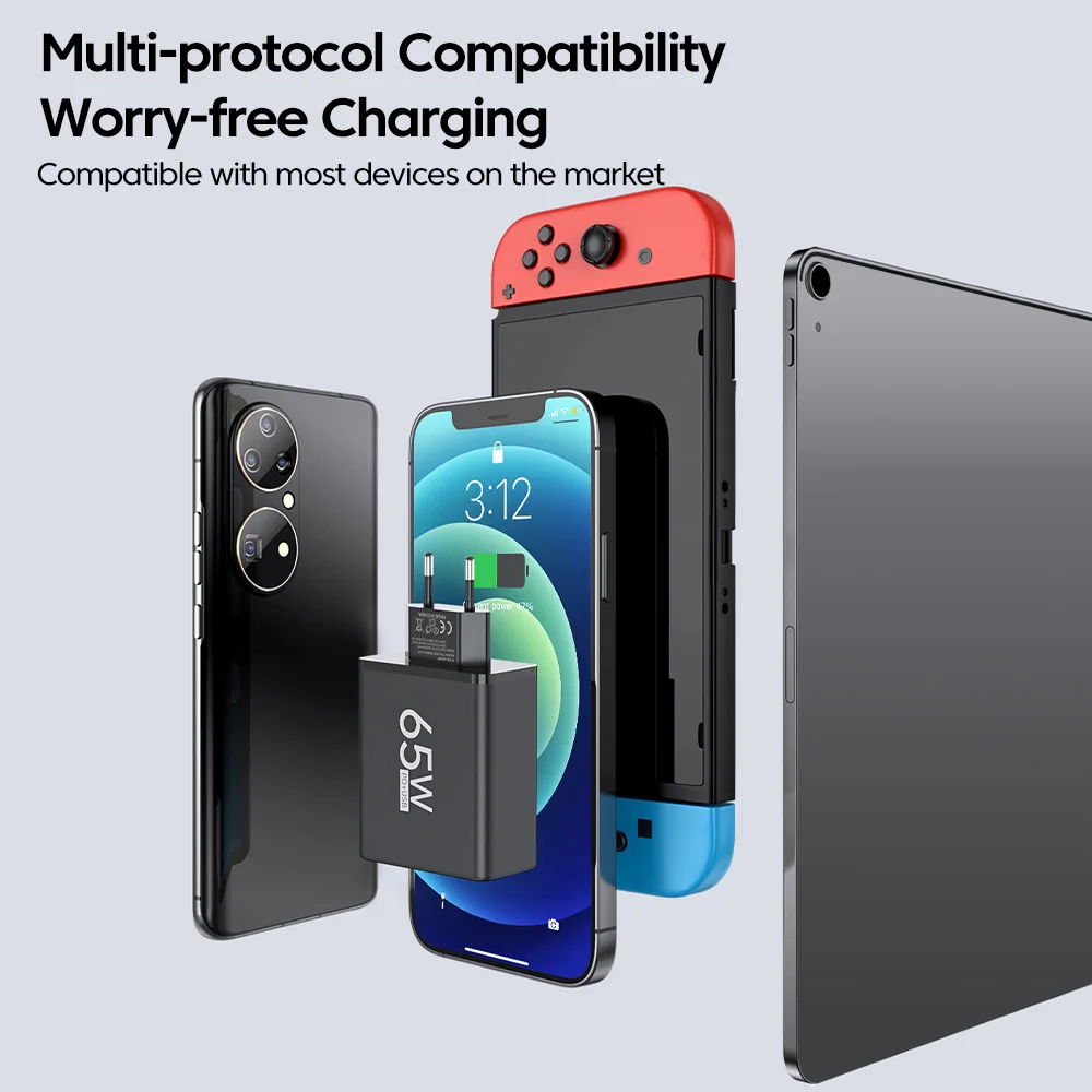 Cargador USB Total de 65W, 6 puertos tipo C, carga rápida QC3.0 para iPhone, Samsung, Xiaomi, enchufe de carga, adaptador de cargador de pared de carga rápida - imagen 3