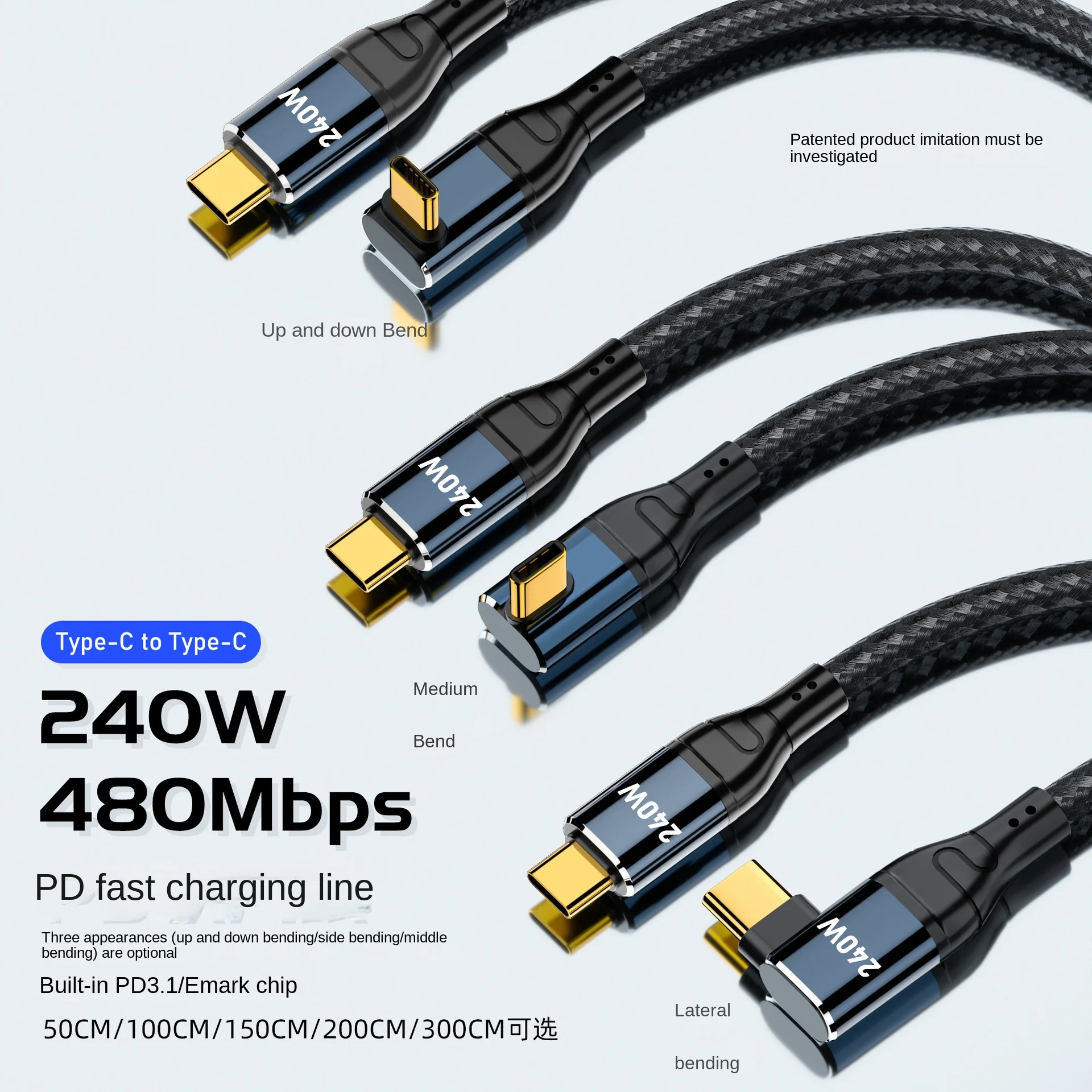 Cable USB tipo C para ordenador portátil, Cable de transferencia de datos PD de 240W a USB-C, carga rápida 2,0, 48V, 5A, QC4.0, 0,5 M, 1M, 1,5 M, 2M, 3M
