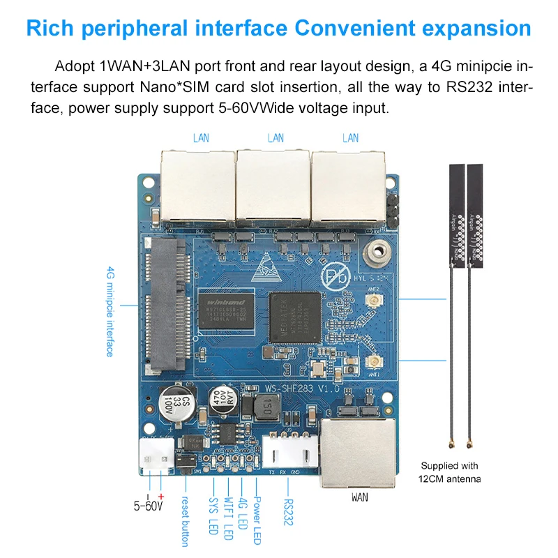 Módulo de enrutador inalámbrico 4G, compatibilidad de red completa, repetidor WiFi microminiatura de 4 puertos, placa base PCBA de amplio voltaje de 5-60V