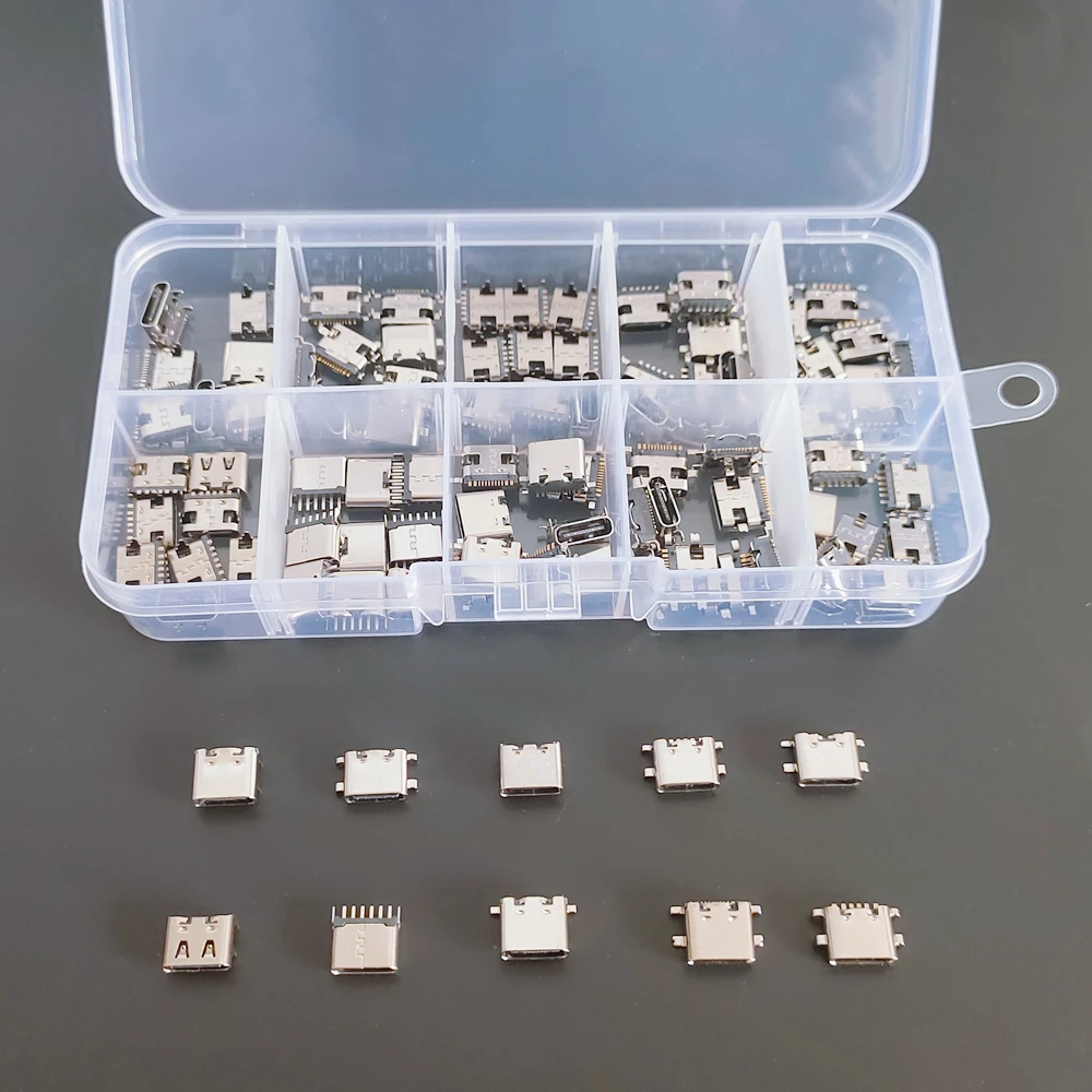 100 unids/caja 10 modelos tipo C conectores de base de carga USB mezcla 6 pines y 16 pines uso para teléfono y kit de reparación de productos digitales